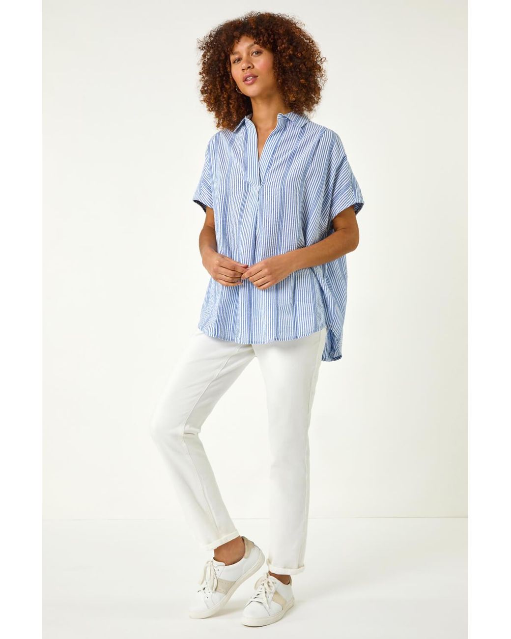 Roman Blue Stripe Pleated Neck Top