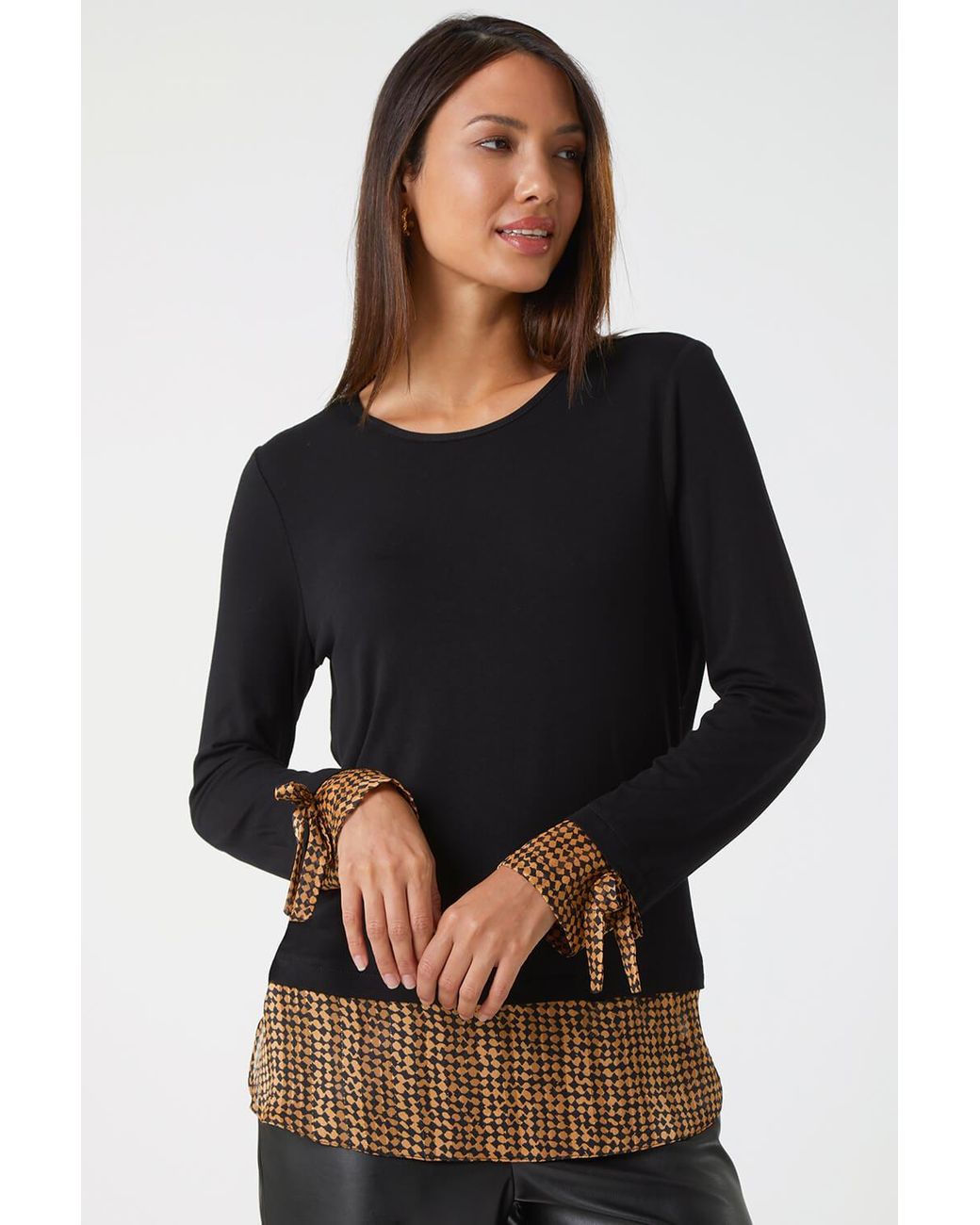Roman Black Chiffon Hem Tie Cuff Stretch Top