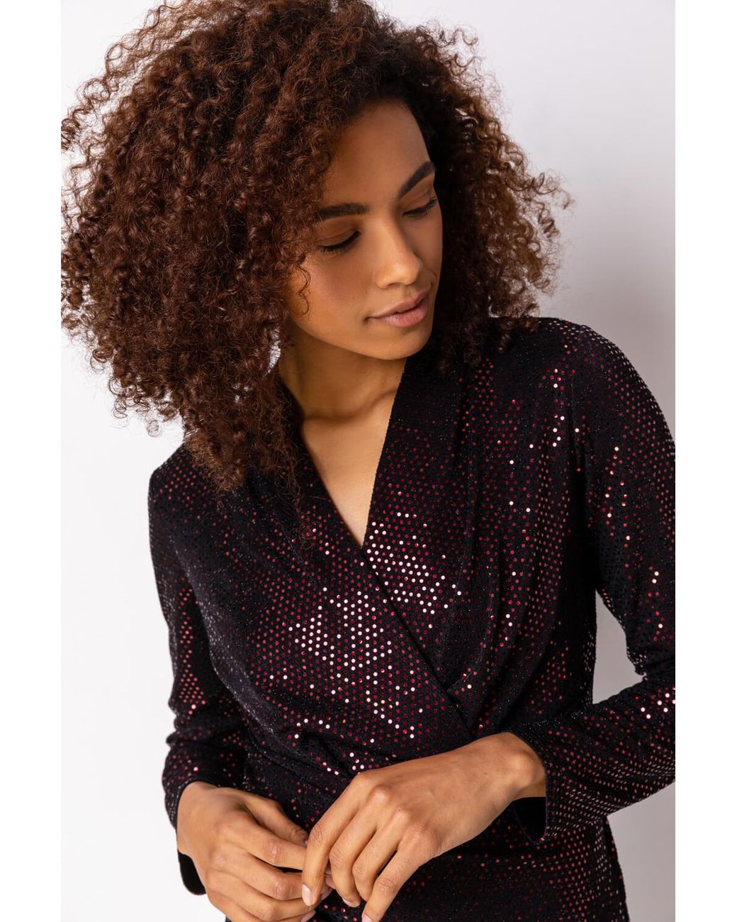Roman Red Sequin Embellished Ruched Wrap Dress