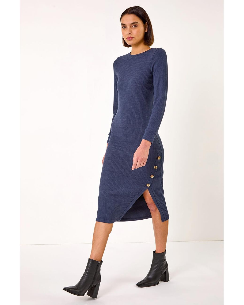 Roman Blue Ribbed Button Detail Midi Dress