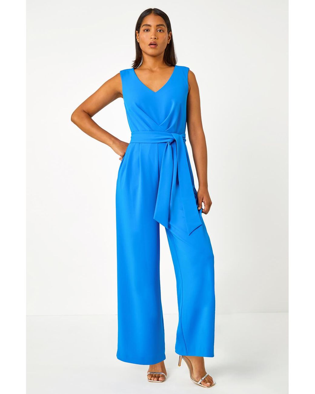 Roman Blue Pleat Detail Wide Leg Stretch Jumpsuit