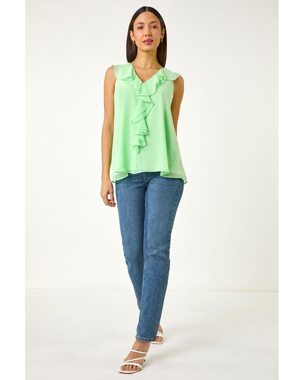 Roman Green Chiffon Ruffle Vest Top