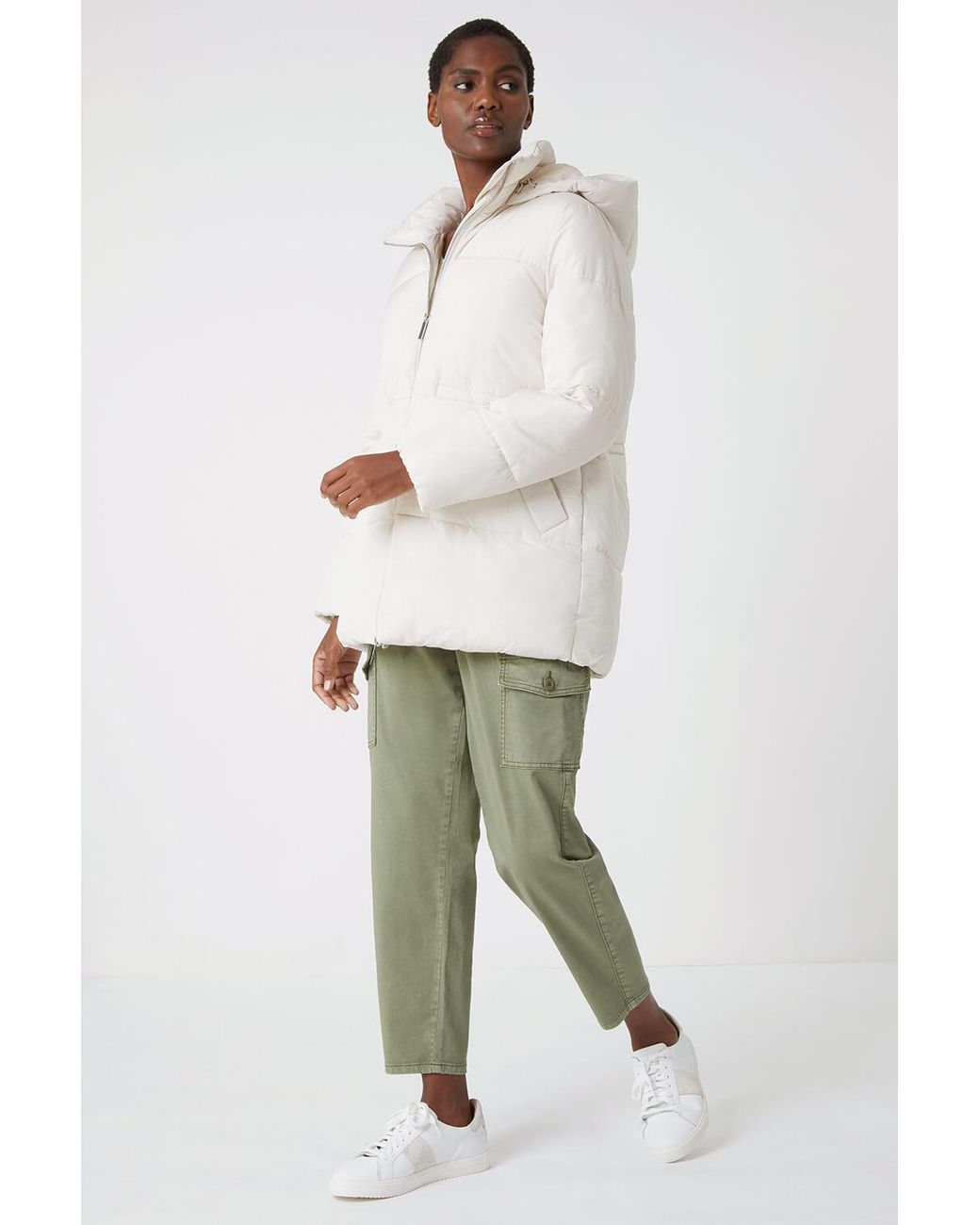 Roman White Padded Hooded Mid Length Coat