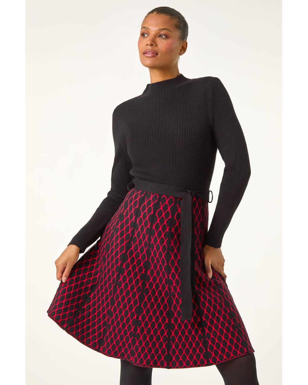 Roman Red Contrast Skirt Ribbed Jumper Dress