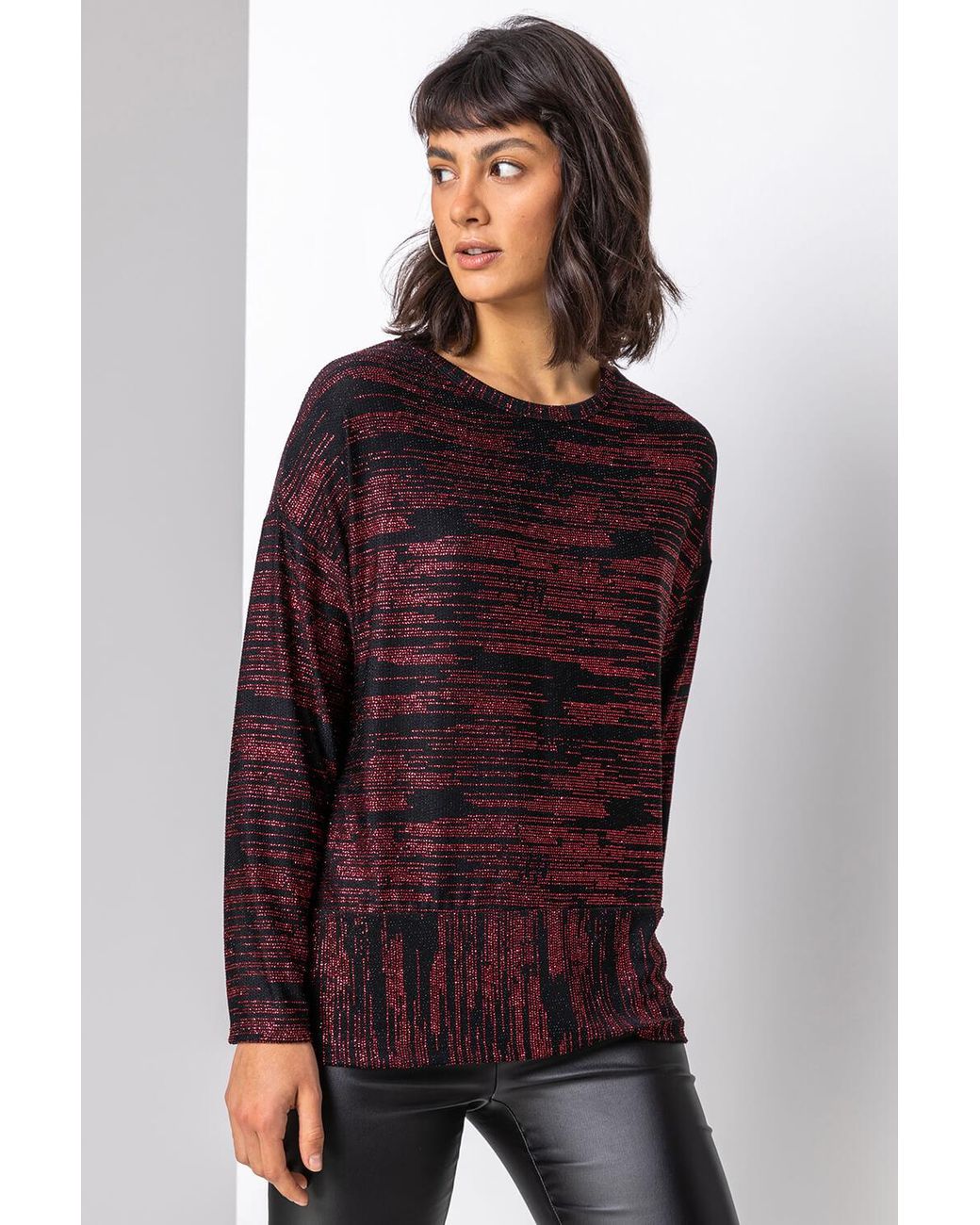 Roman Red Contrast Shimmer Stripe Print Top