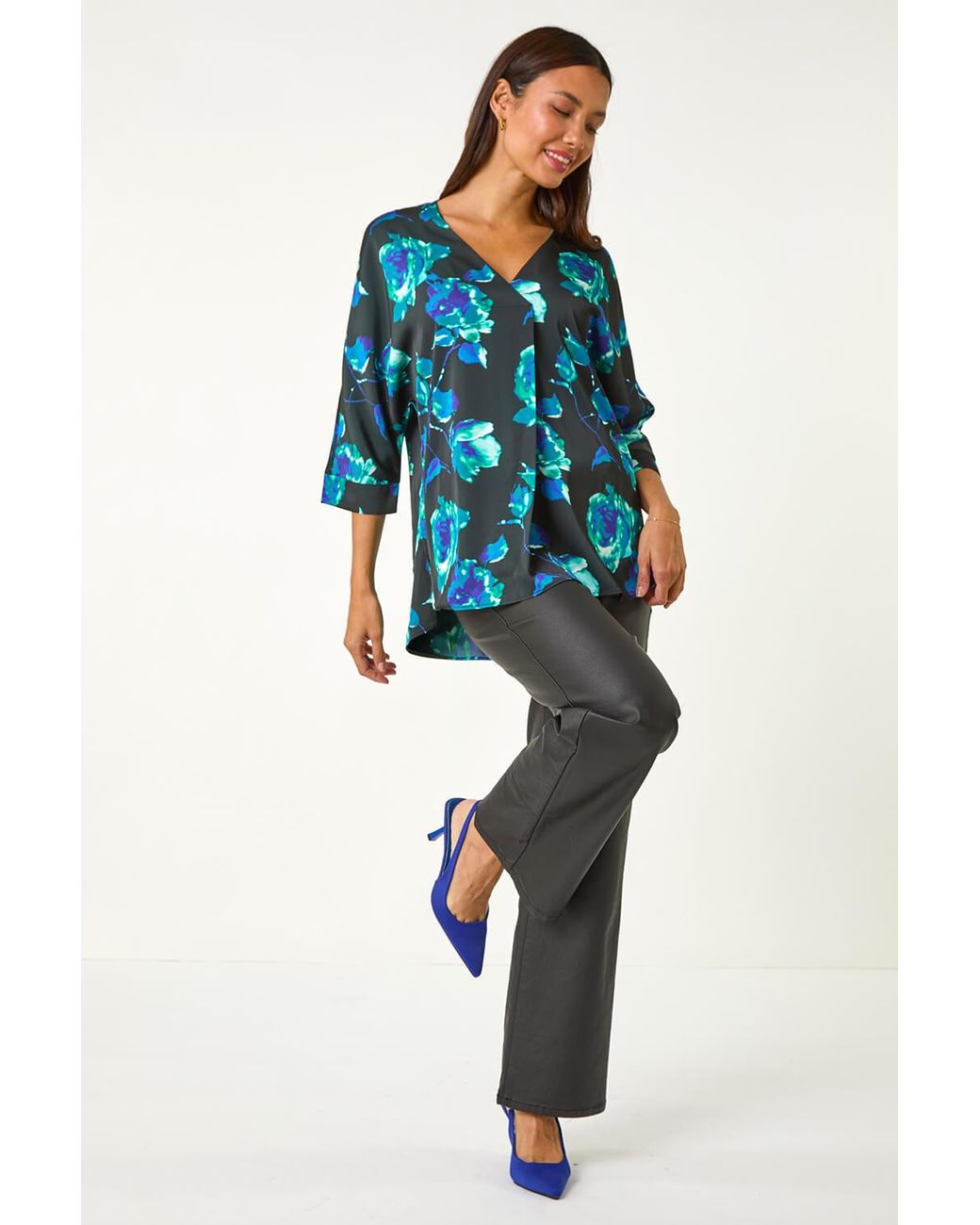 Roman Blue Floral Print Kimono Sleeve Asymmetric Top