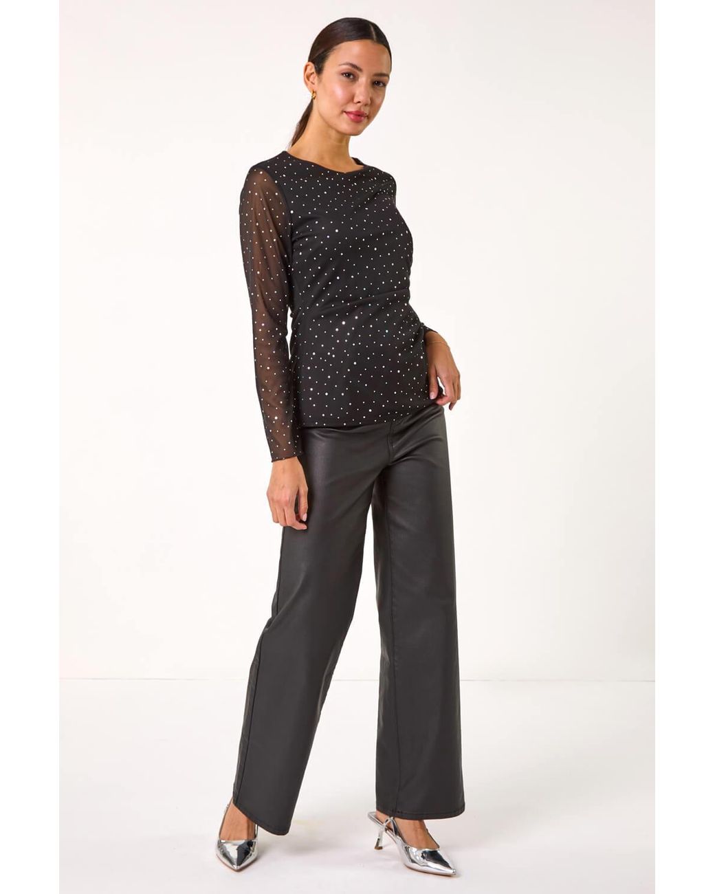 Roman Black Sequin Spot Mesh Ruched Top