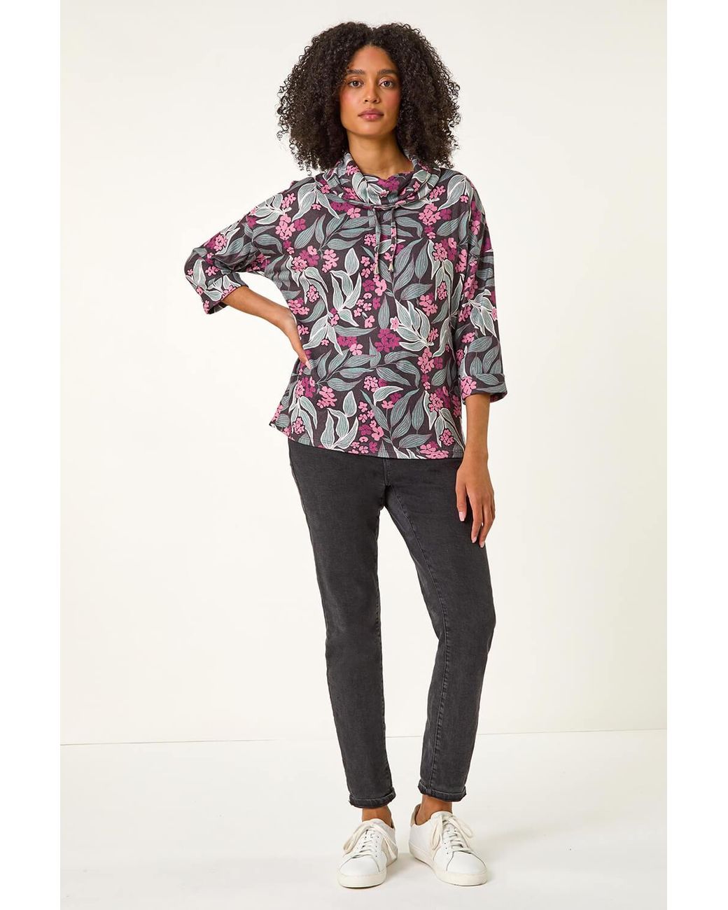 Roman Pink Floral Printed Roll Neck Top