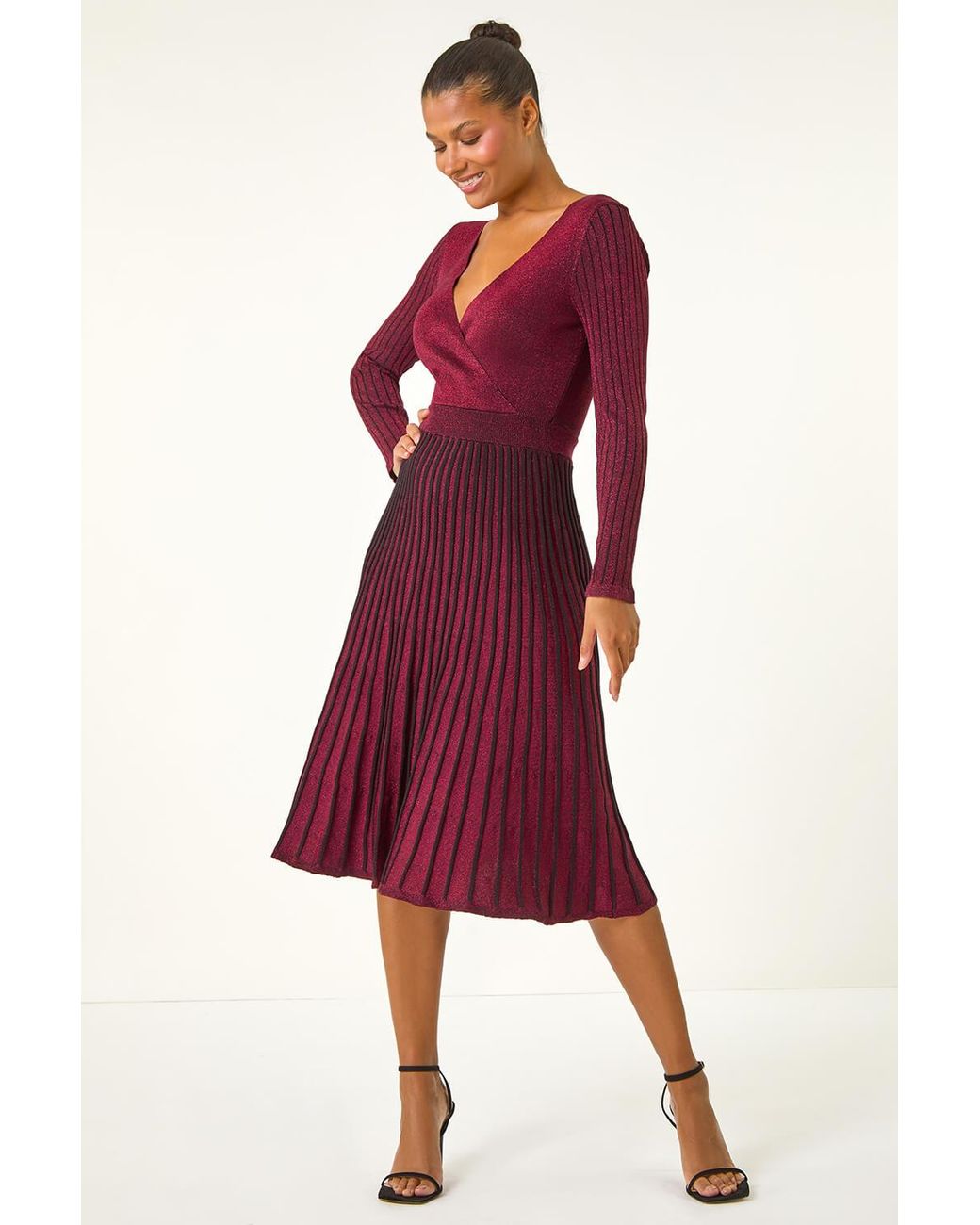 Roman Red Metallic Wrap Knitted Midi Dress
