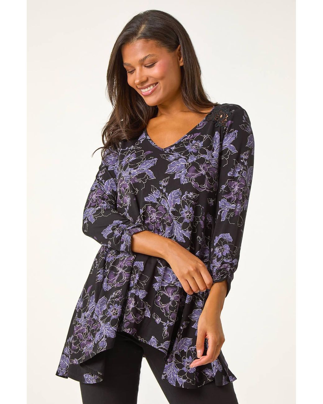 Roman Blue Floral Print Crochet Trim Tunic