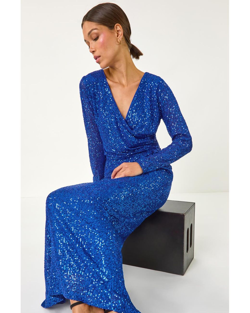 Roman Blue Sequin Wrap Stretch Maxi Dress