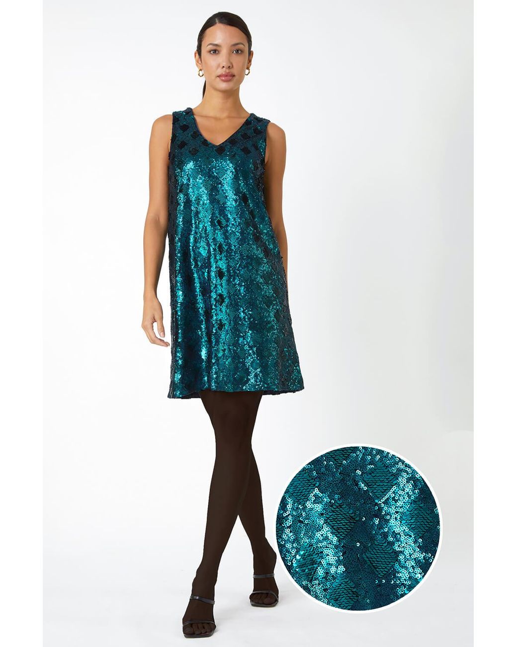 Roman Blue Sequin Diamond Print Swing Stretch Dress