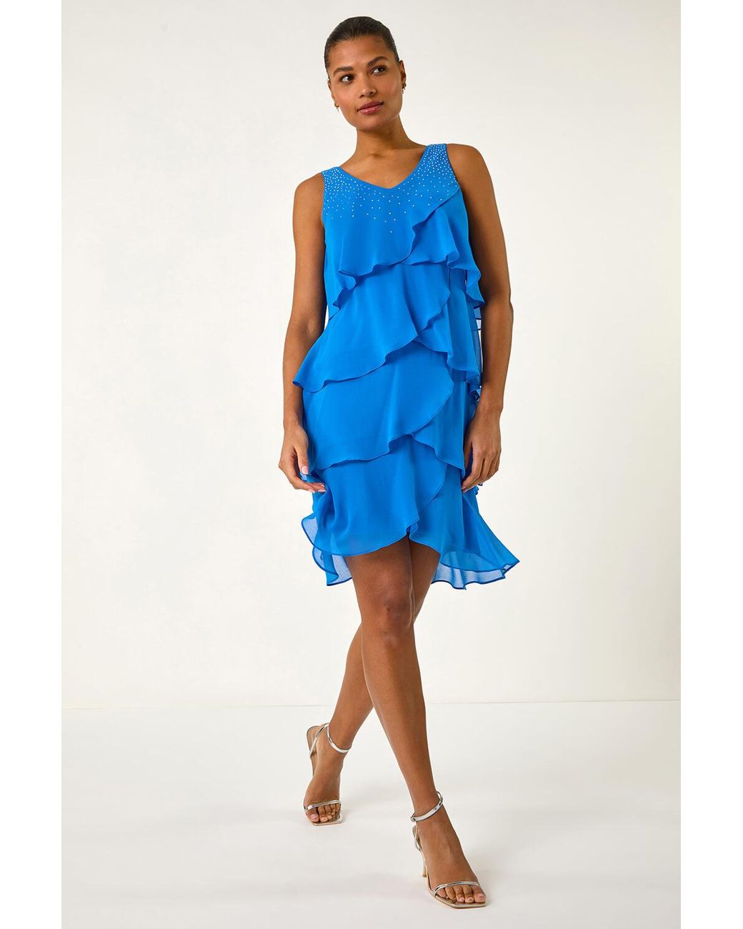 Roman Blue Embellished Hotfix Tiered Chiffon Dress