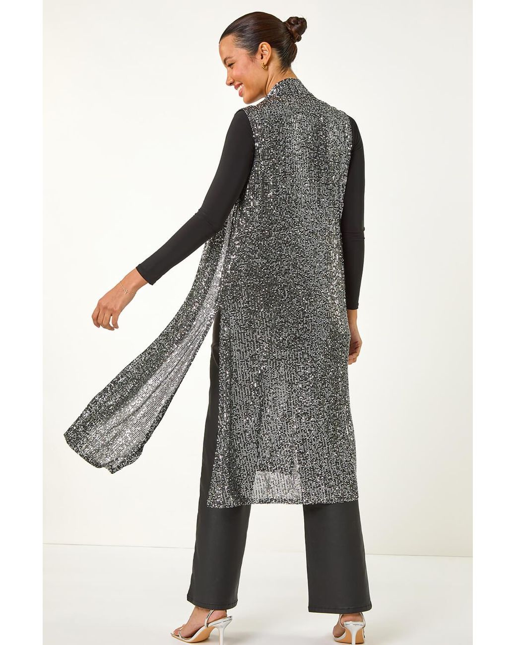 Roman Gray Sequin Longline Stretch Cardigan