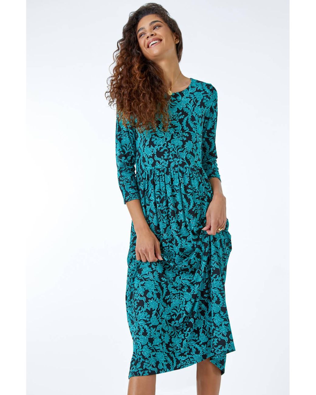 Roman Blue Leaf Print Midi Stretch Dress