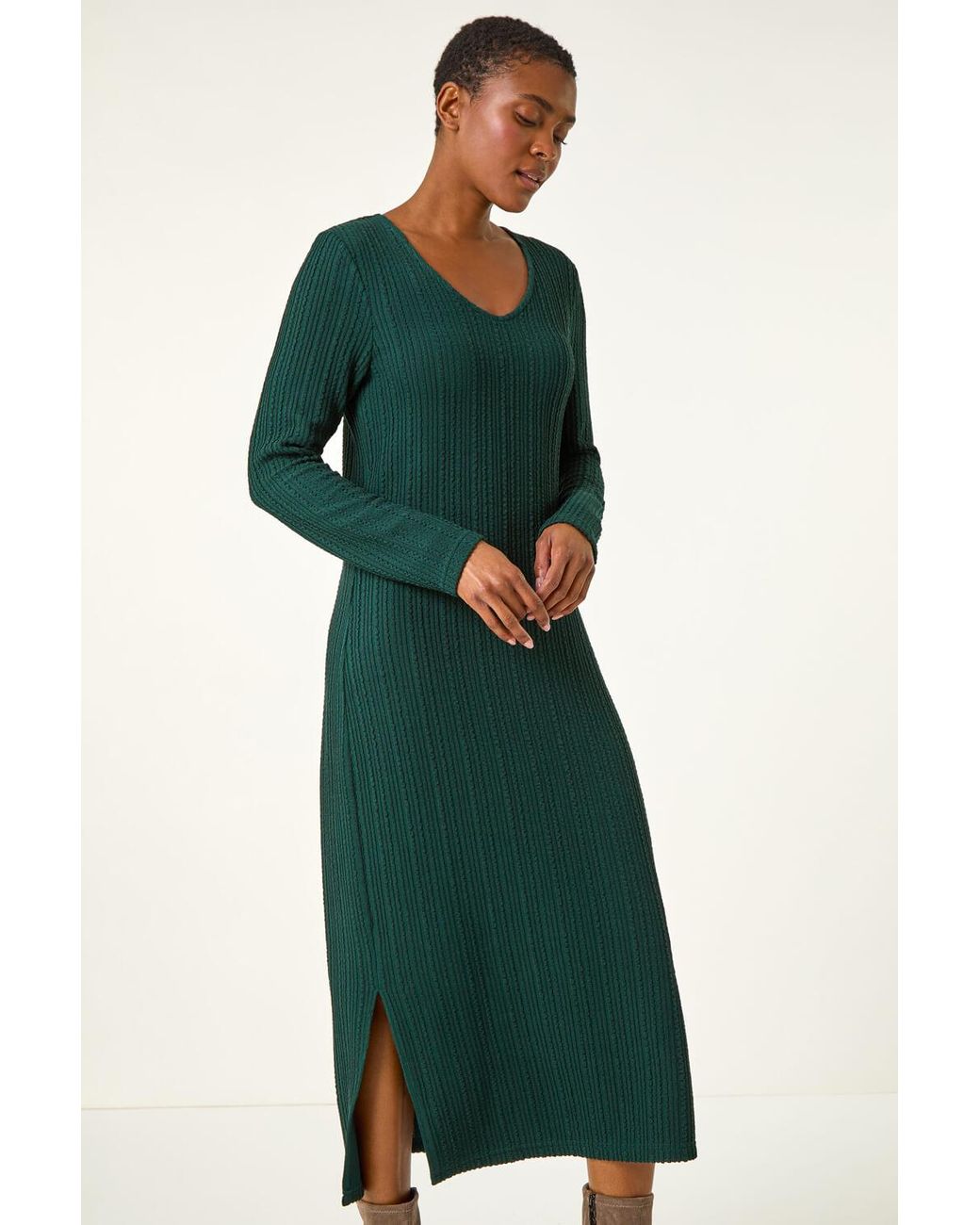 Roman Green Wave Textured V-Neck Stretch Midi Dress