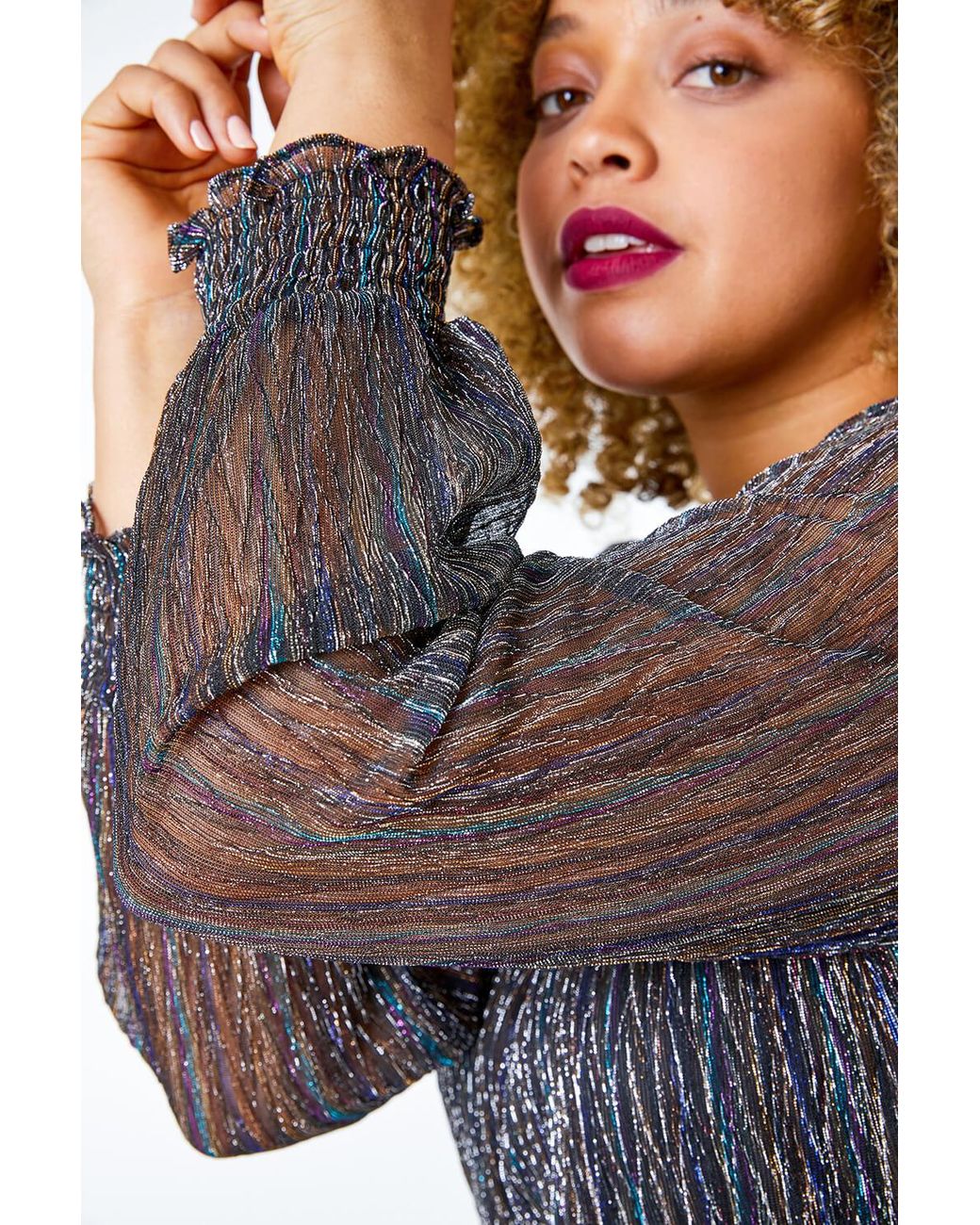 Roman Curve Black Foil Shimmer Plisse Top