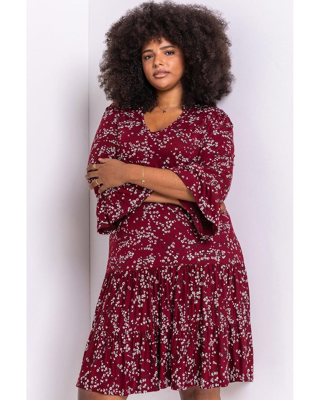 Roman Curve Red Floral Print V Neck Dress