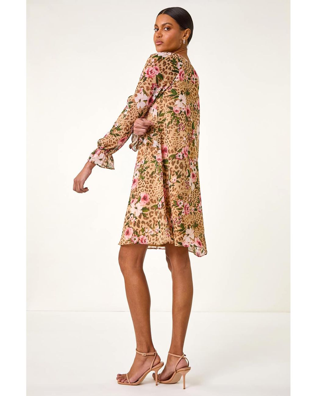 Roman Natural Floral Animal Print Frill A-Line Dress