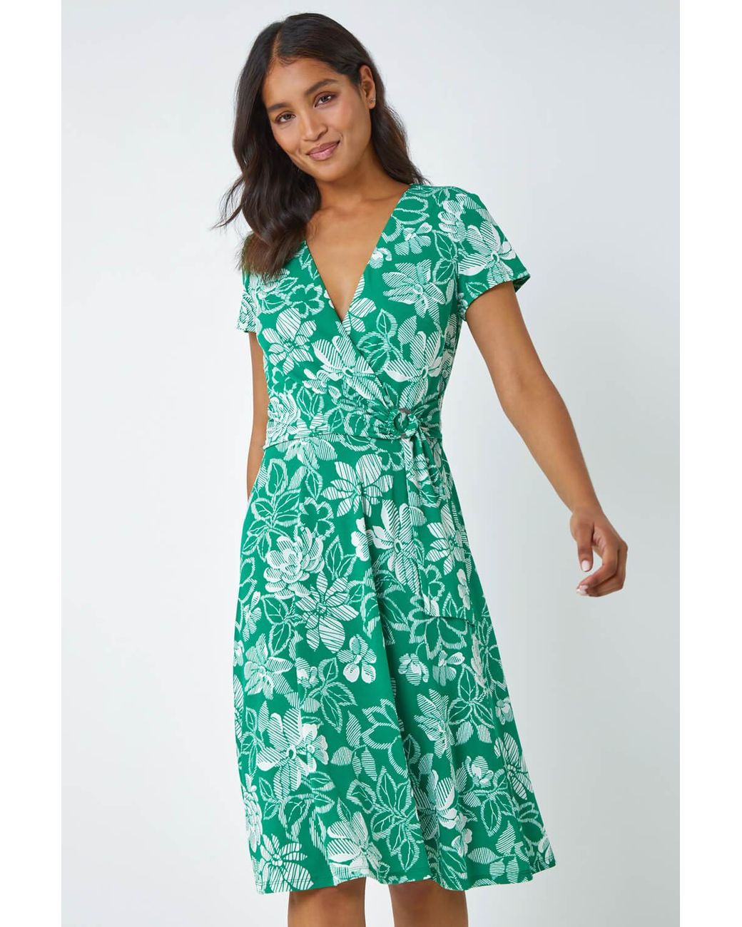 Roman Green Floral Print Stretch Wrap Dress