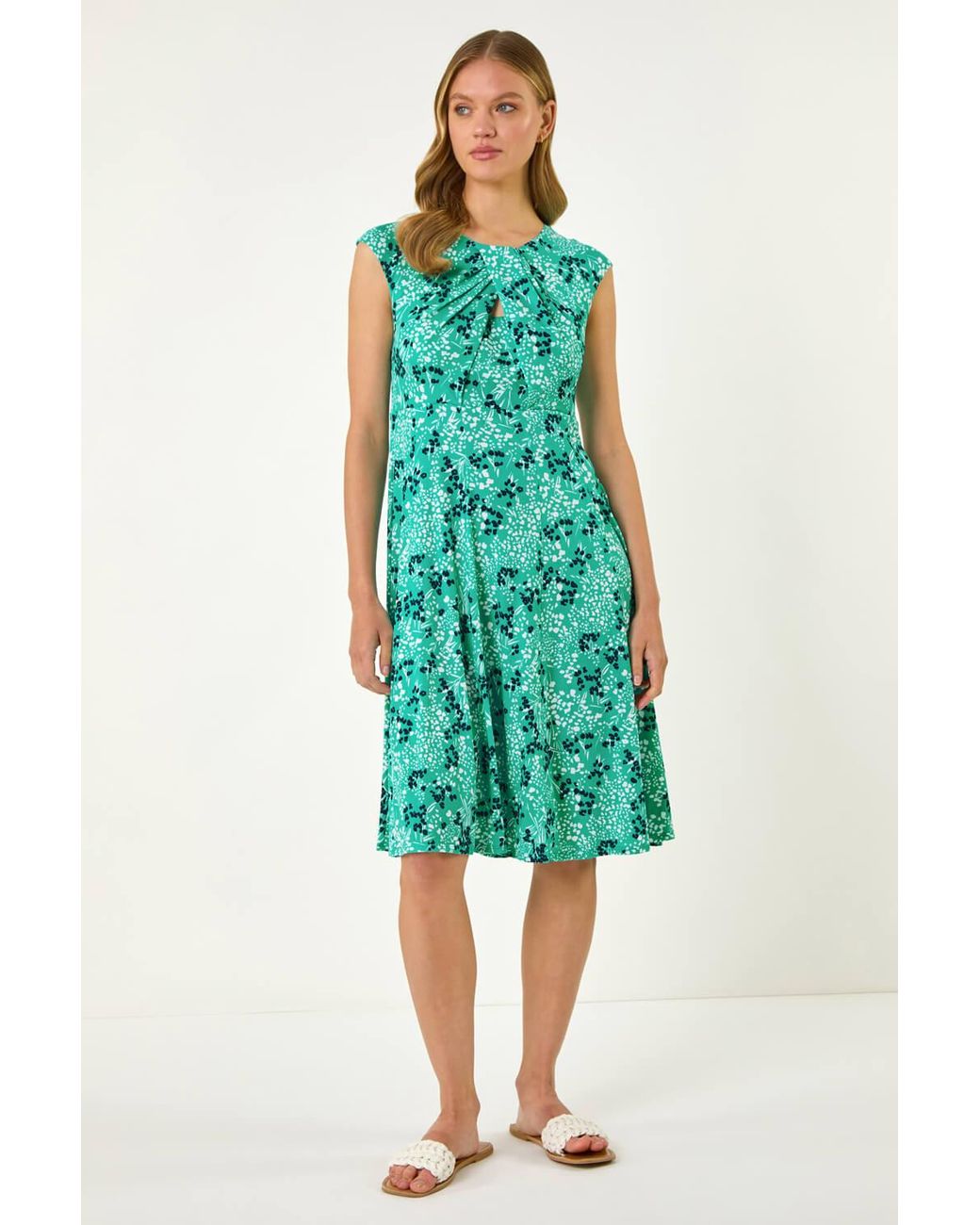 Roman Green Ditsy Floral Keyhole Twist Dress