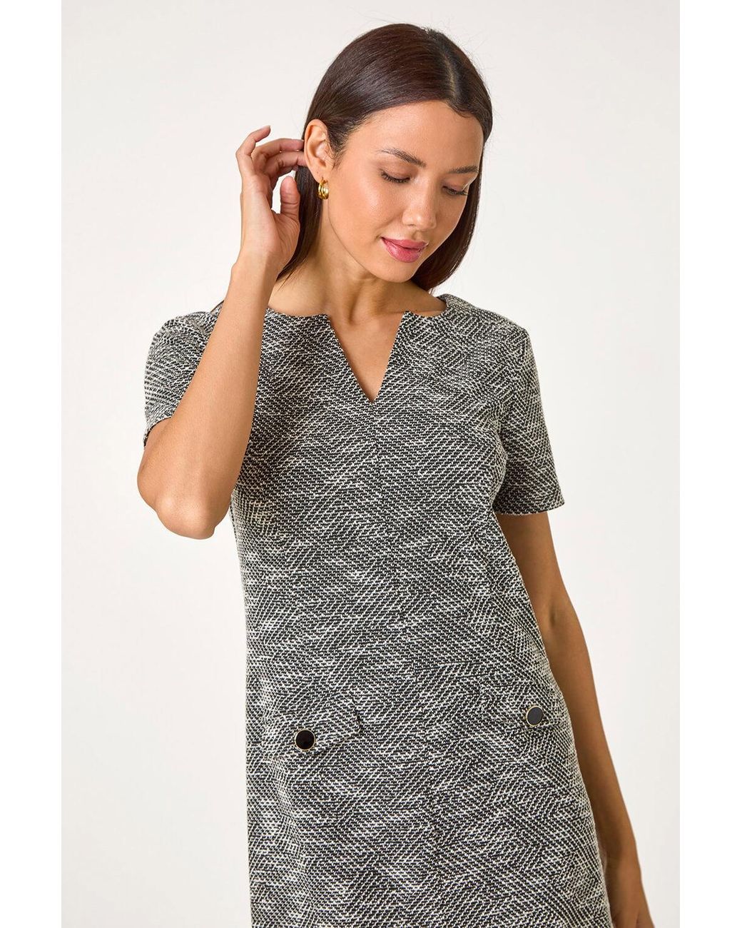 Roman Gray Textured Pocket Detail Stretch Dress