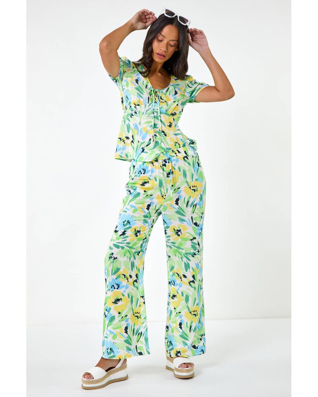 D.u.s.k Green Floral Print Wide Leg Trouser