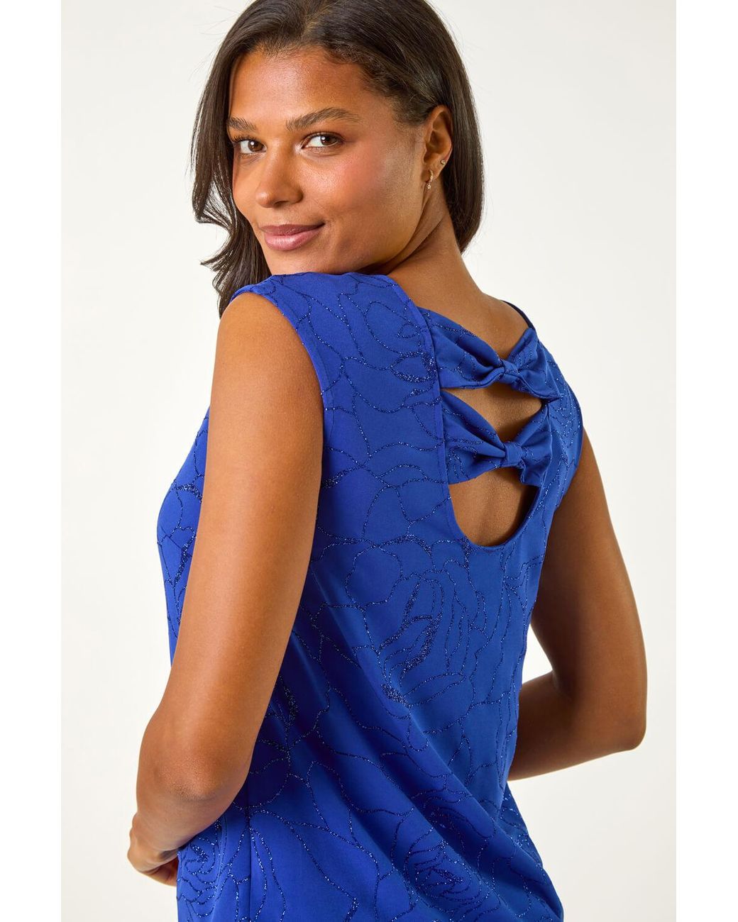 Roman Blue Glitter Rose Bow Back Top