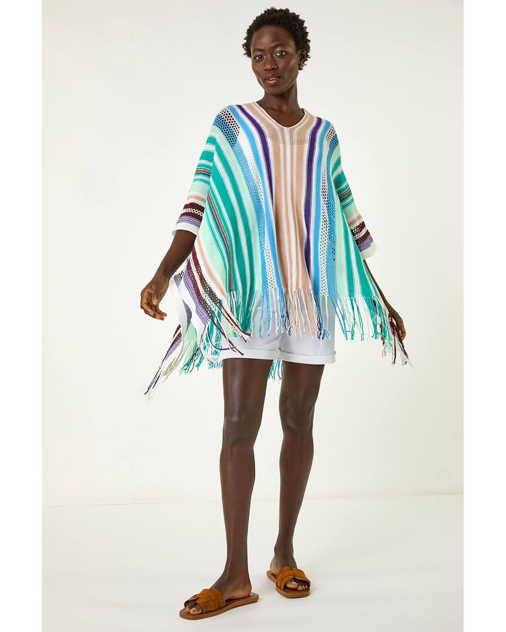 Roman Blue Multi Stripe Knit Poncho