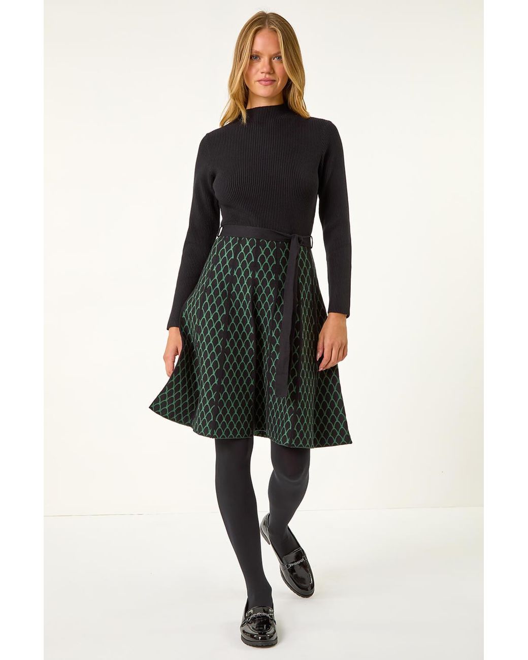 Roman Black Jacquard Knit Fit-and-Flare Dress