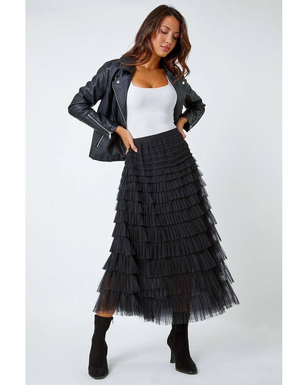 Roman Black Elasticated Mesh Tiered Ruffle Skirt