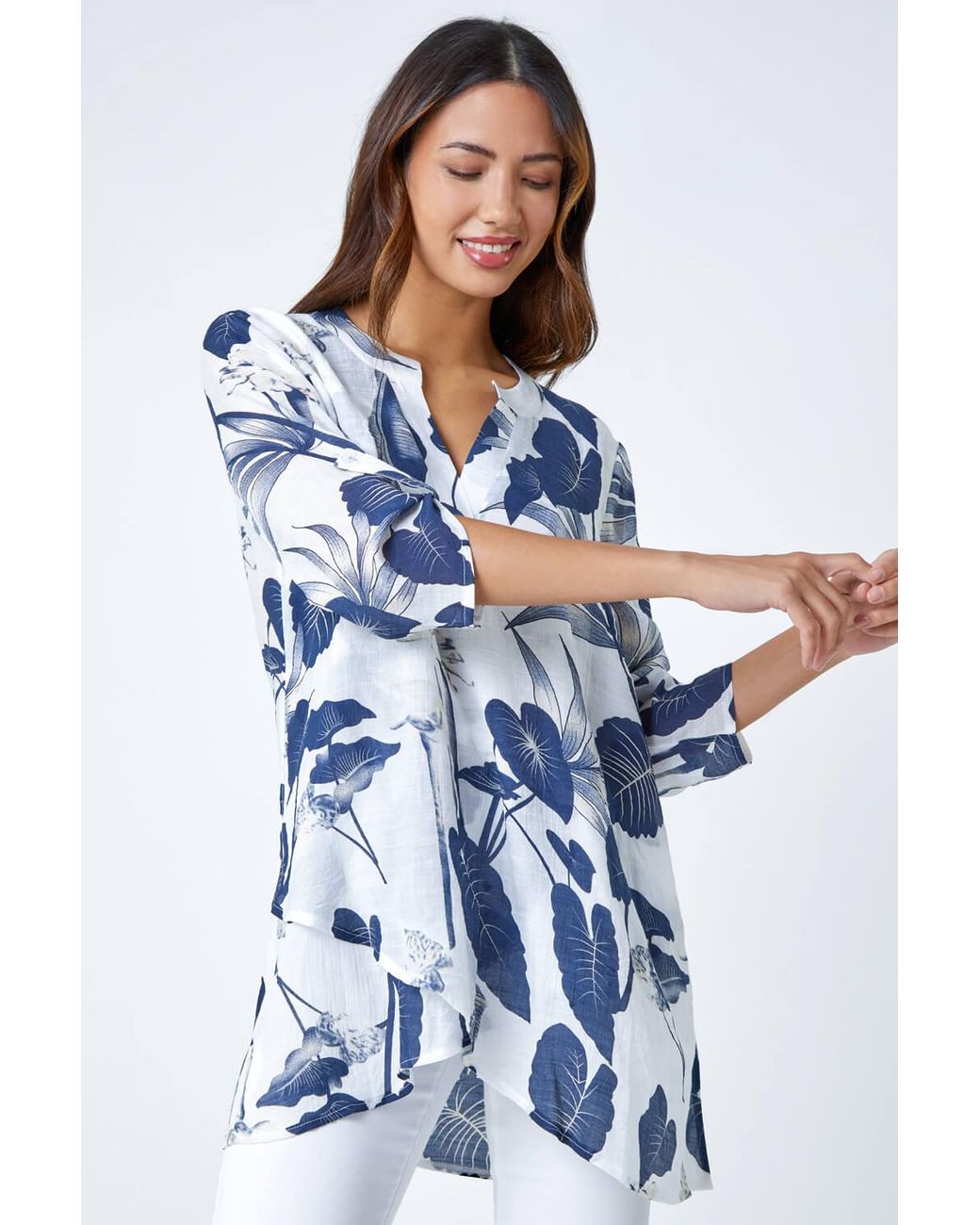 Roman Blue Palm Print V-Neck Wrap Hem Tunic Top