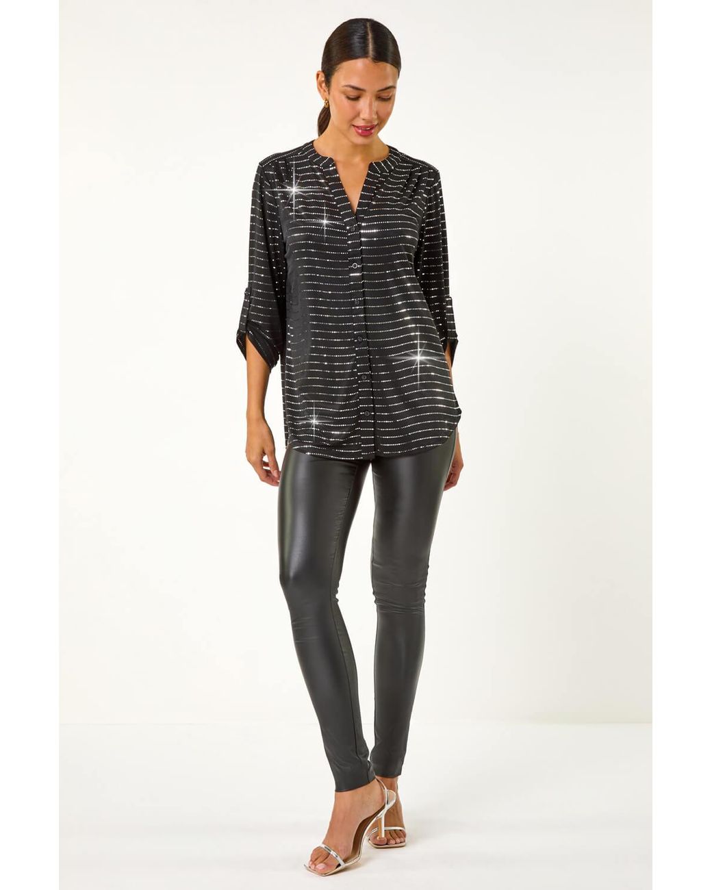 Roman Black Dotted Foil Print Stretch Blouse