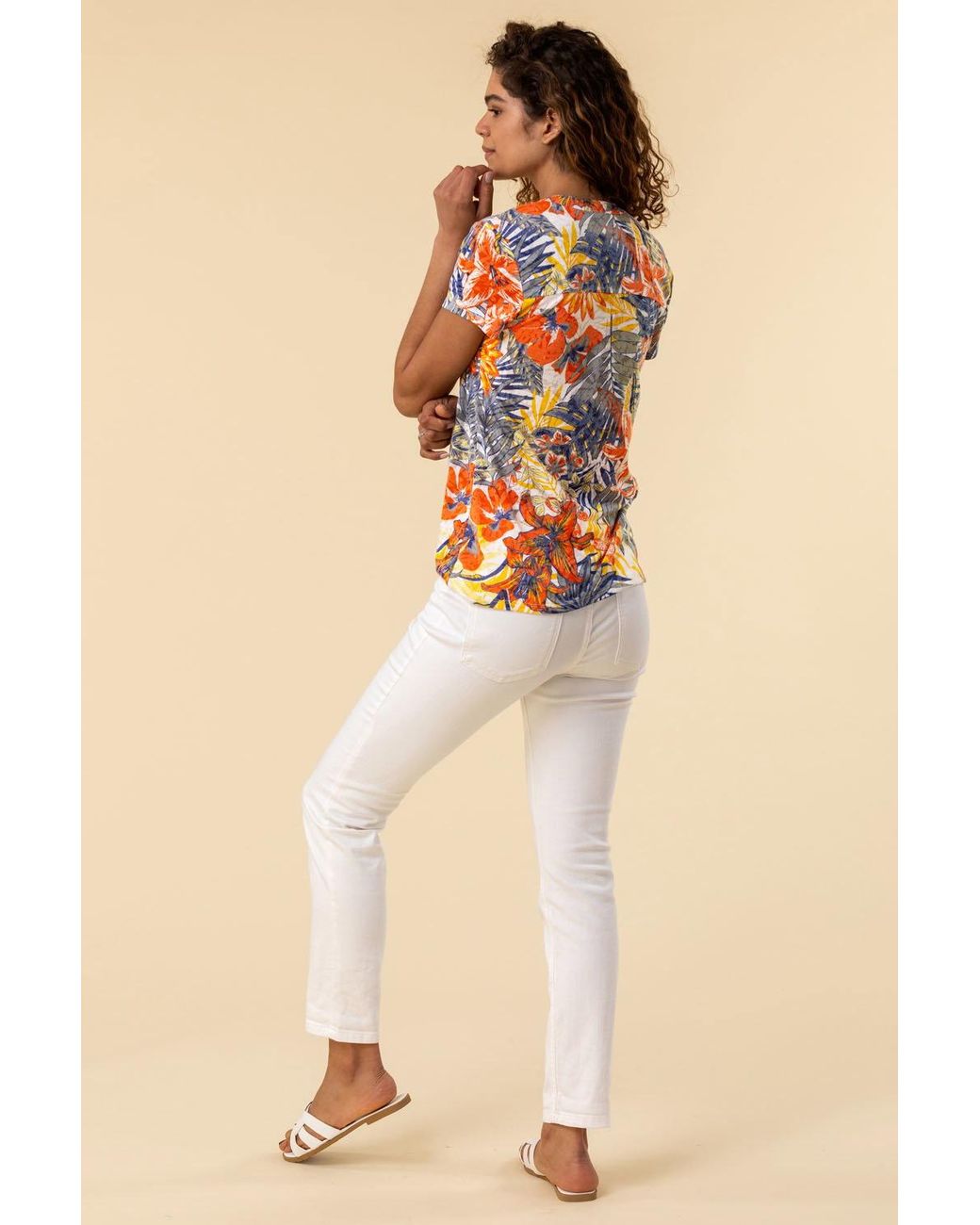 Roman Orange Tropical Print Tie Front V-Neck Stretch Top