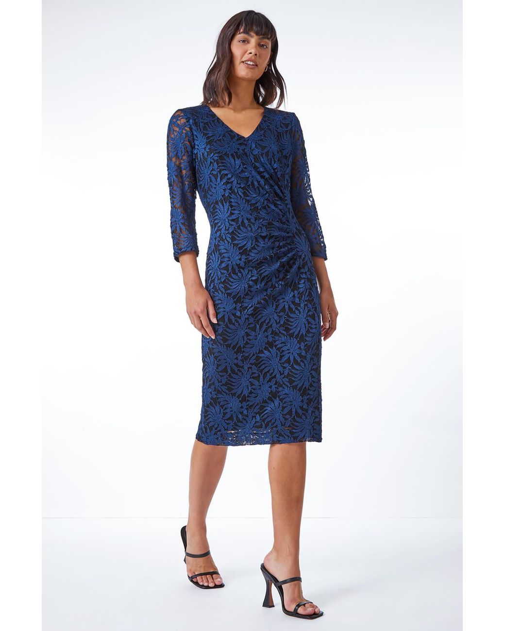Roman Blue Palm Print Ruched Lace Dress