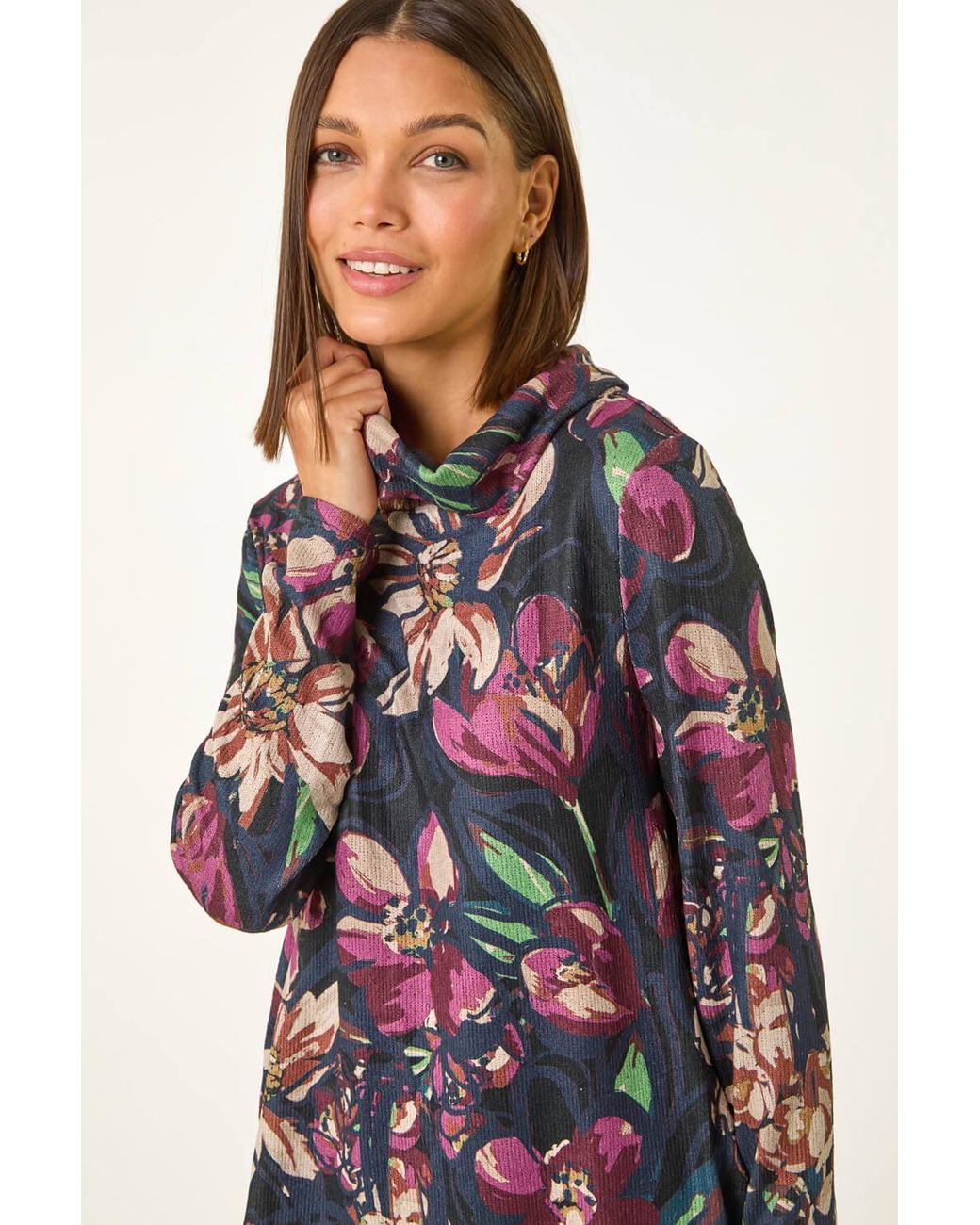 Roman Red Floral Printed Roll Neck Top
