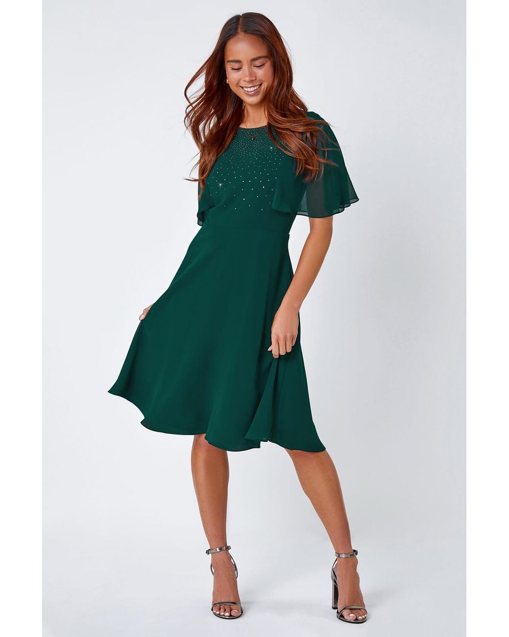 Roman Petite Green Embellished Skater Dress