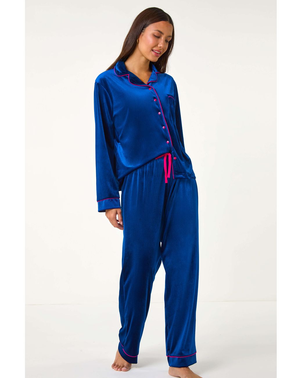 Roman Blue Velvet Revere & Collar Pyjama Set