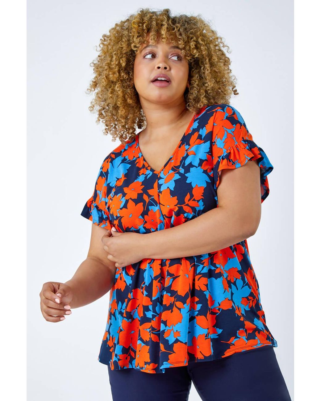 Roman Curve Red Floral Frill Sleeve Top