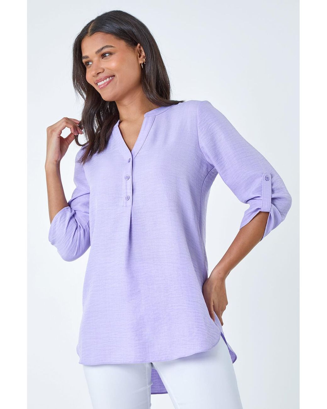 Roman Purple Longline Button V-Neck Tunic Top