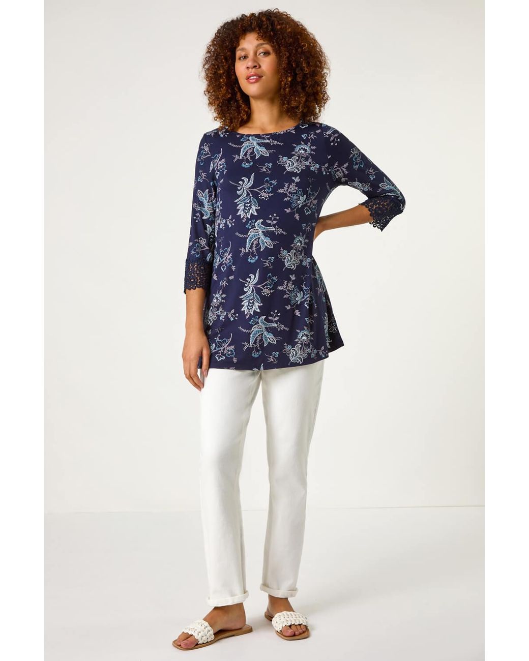 Roman Blue Floral Lace Cuff Stretch Top