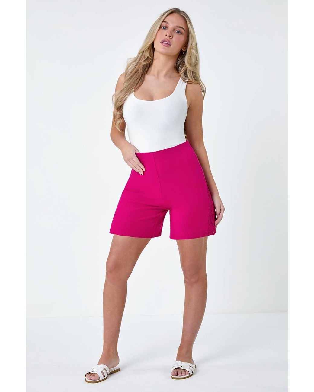 Roman White Lace Trim Stretch Elastic Waist Shorts