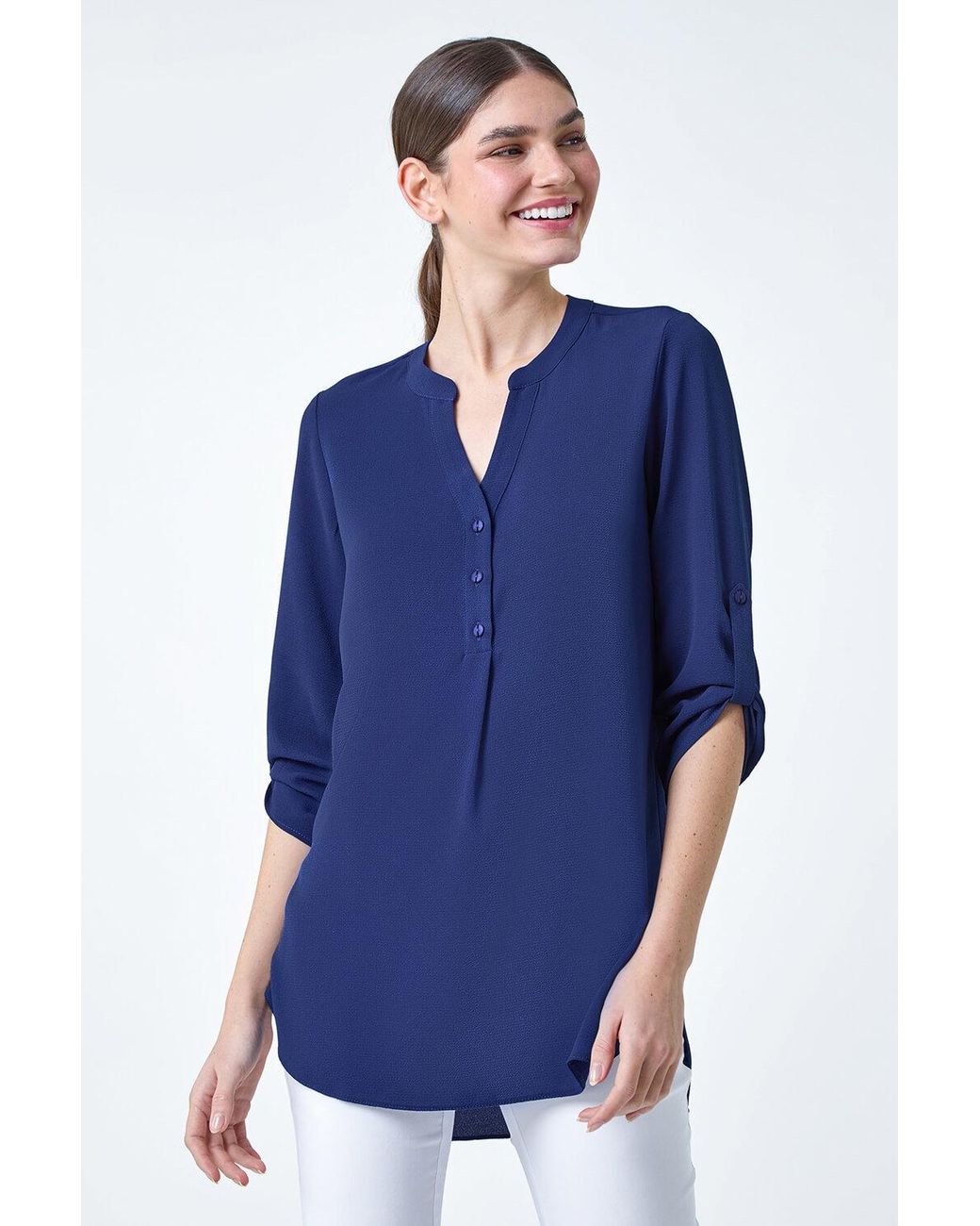Roman Blue Longline Tunic Stretch Blouse