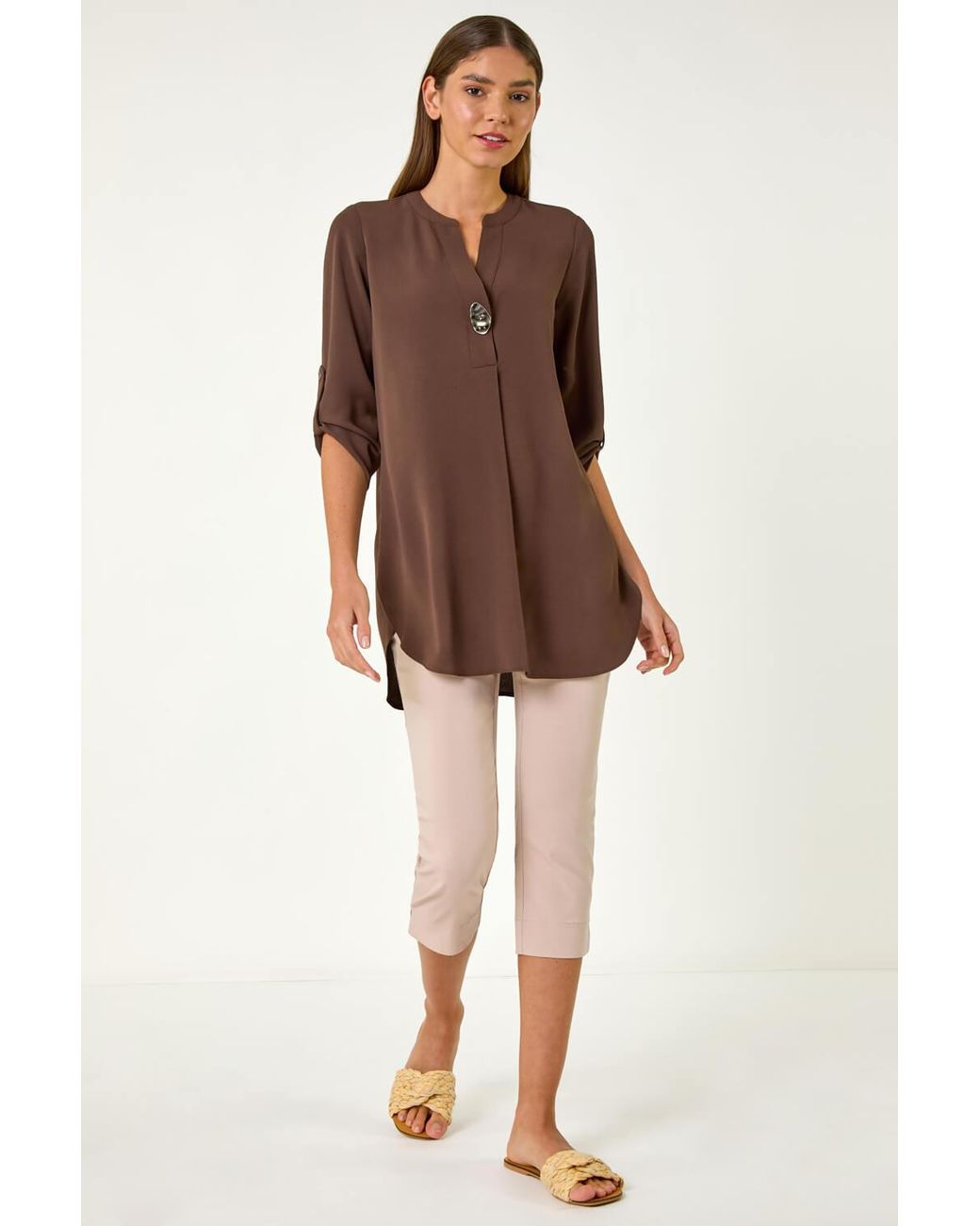 Roman Brown Button Detail Longline Blouse