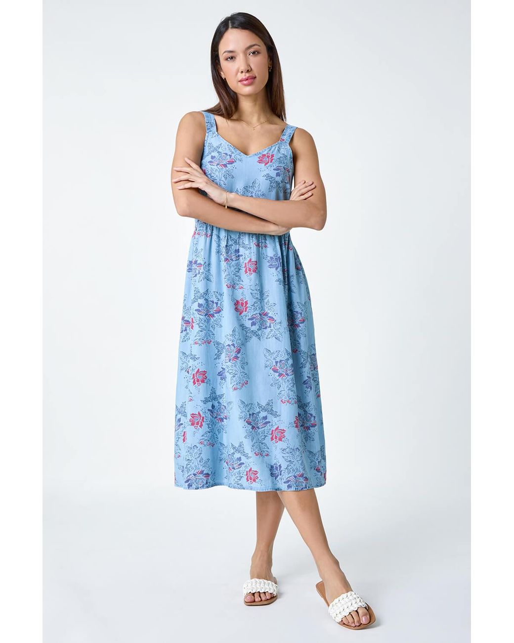 Roman Blue Floral Denim Look Shirred Dress