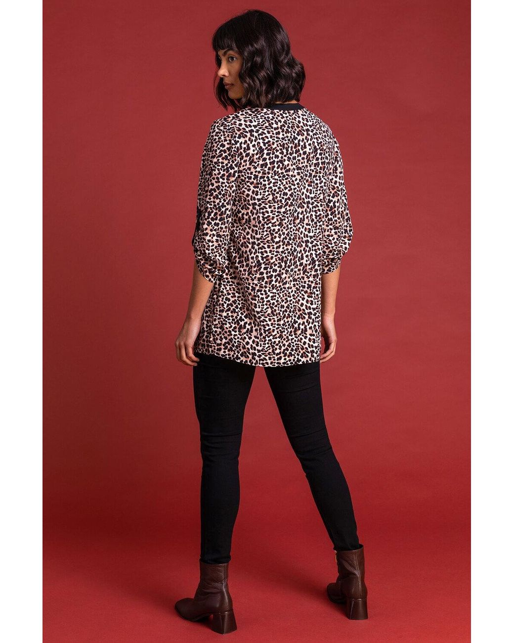 Roman Brown Animal Printed Zip Detail Top