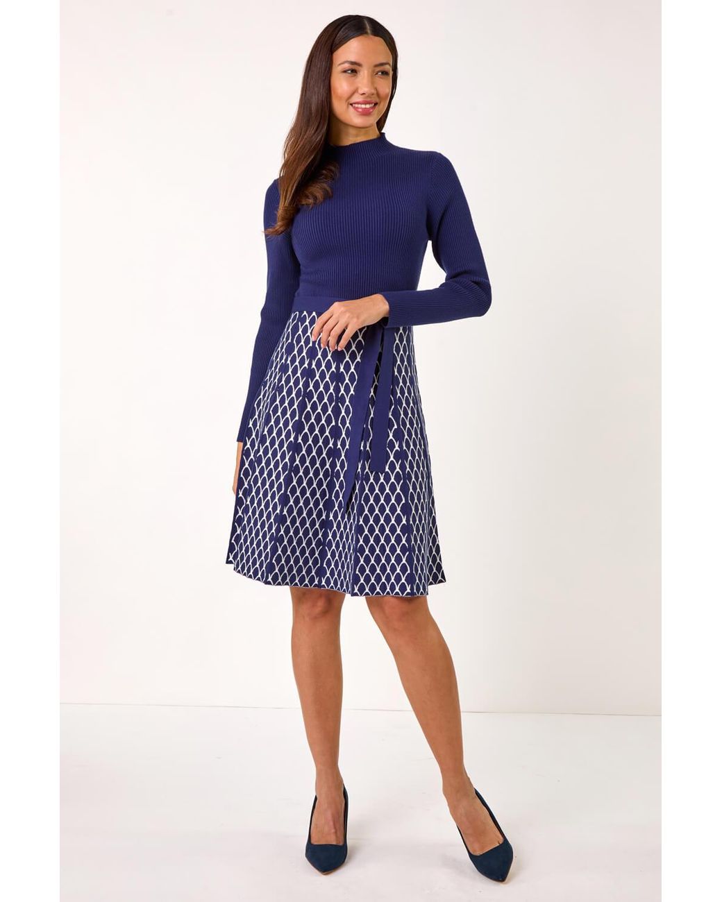 Roman Blue Contrast Skirt Ribbed Jumper Dress