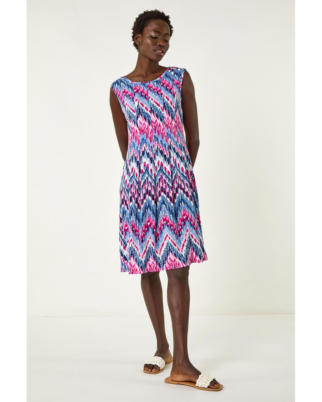 Roman White Abstract Print Panelled Dress