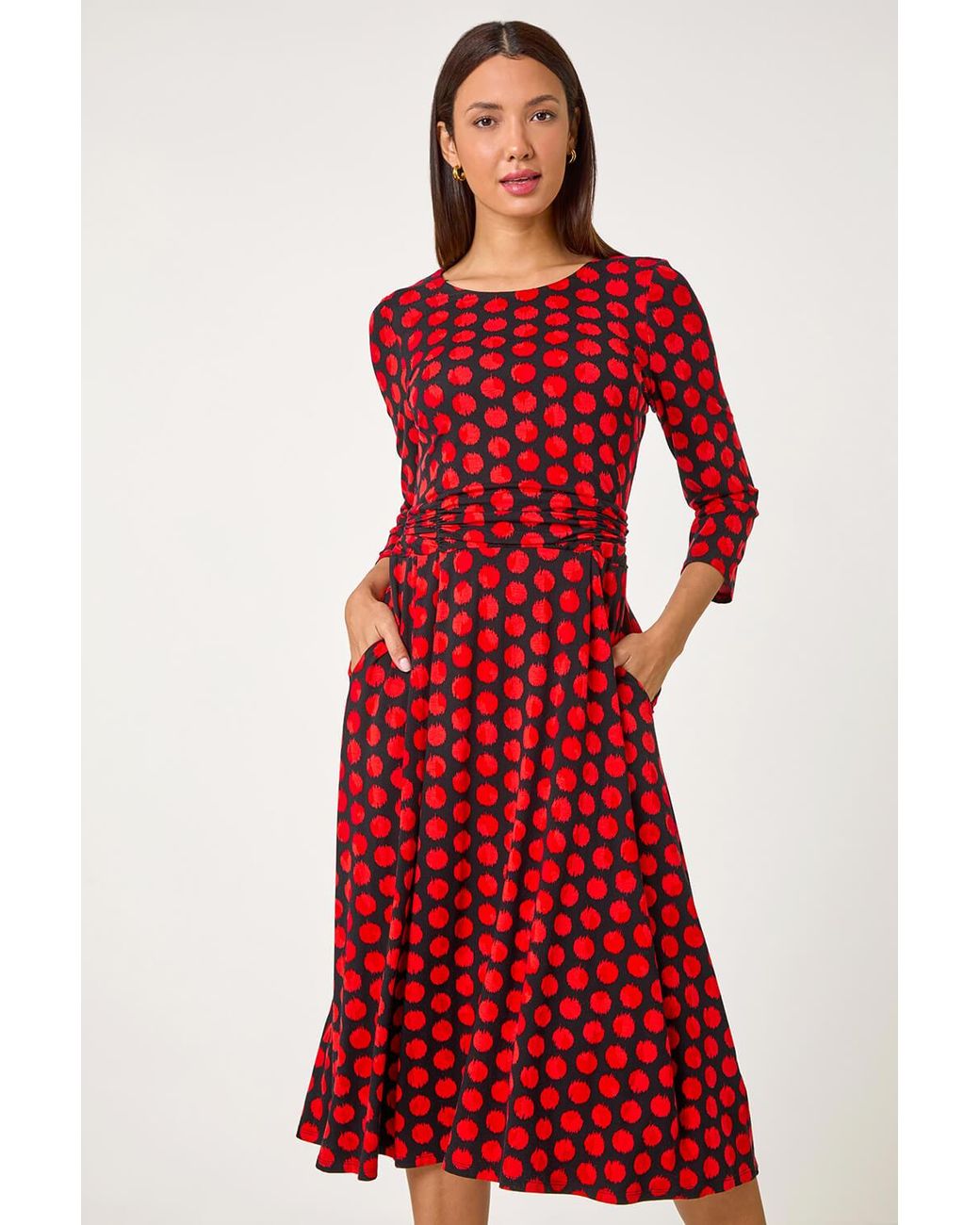 Roman Polka Dot Gathered Stretch Dress