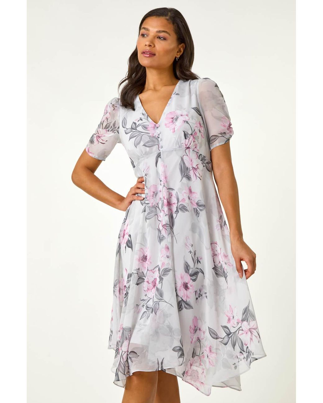Roman Pink Floral Print Hanky Hem Midi Dress